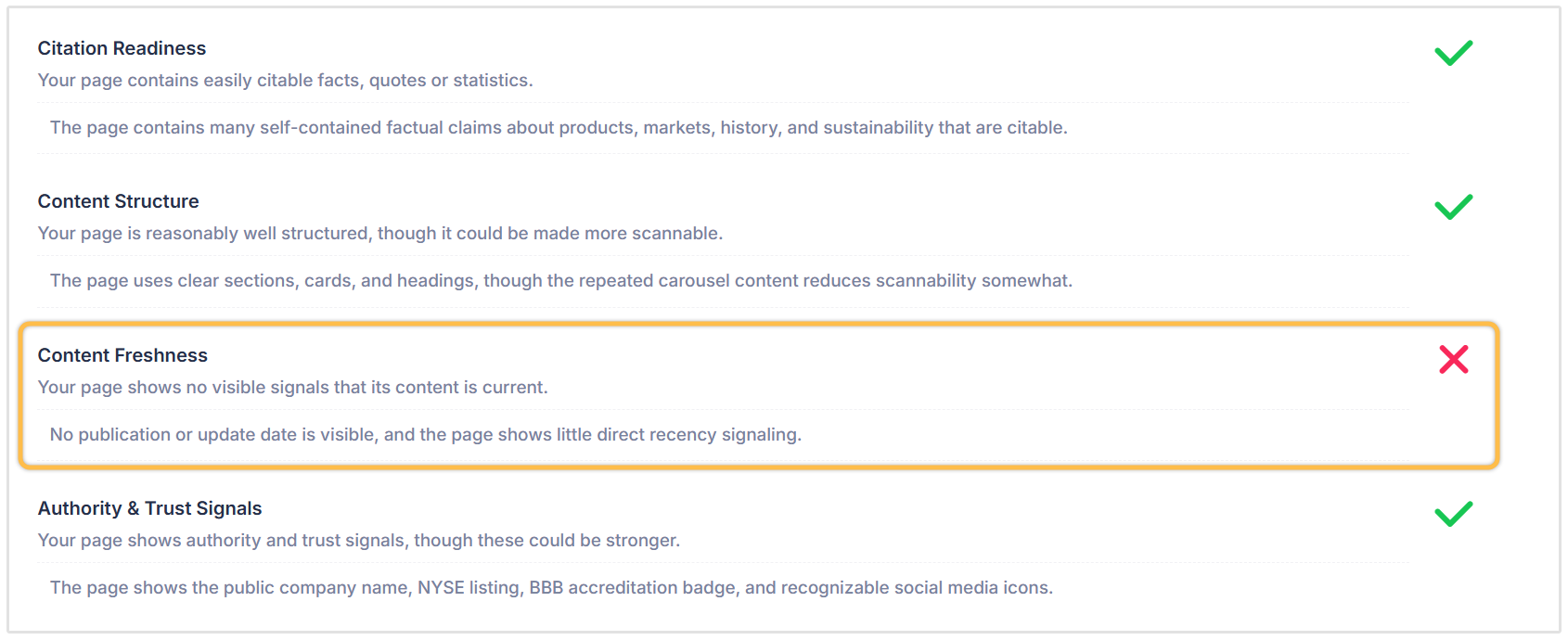 Content freshness check in GEO audit
